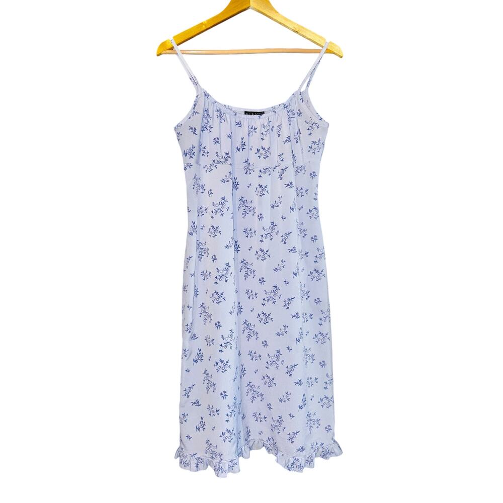 Vintage Ditzy Floral Babydoll Slip Dress Size Medium Blue Ruffle Cottagecore